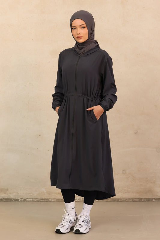 Veste Longue ActiveFit avec Capuche – Noir & Gris