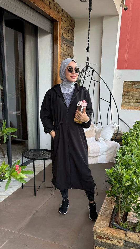 Veste Longue ActiveFit avec Capuche – Noir & Gris