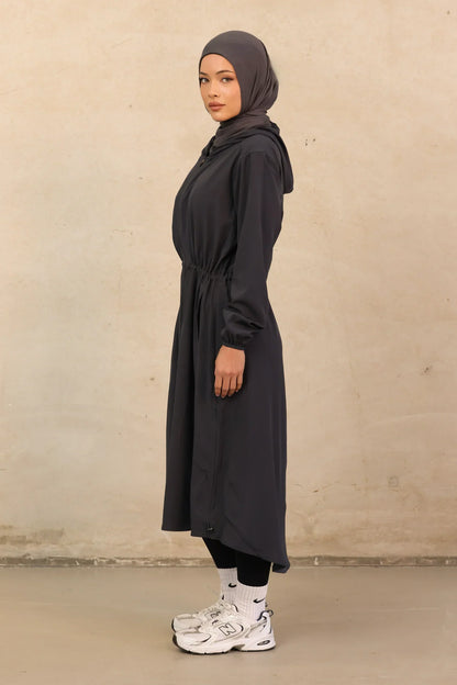 Veste Longue ActiveFit avec Capuche – Noir & Gris