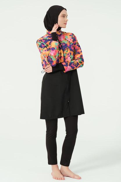Burkini Solaya – Ensemble Noir & Imprimé Coloré - 3 pièces