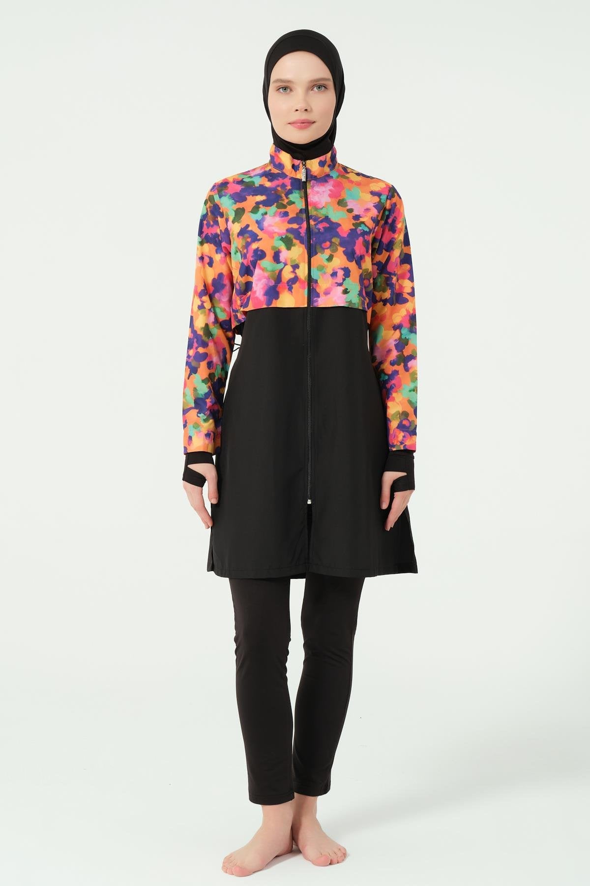 Burkini Solaya – Ensemble Noir & Imprimé Coloré - 3 pièces