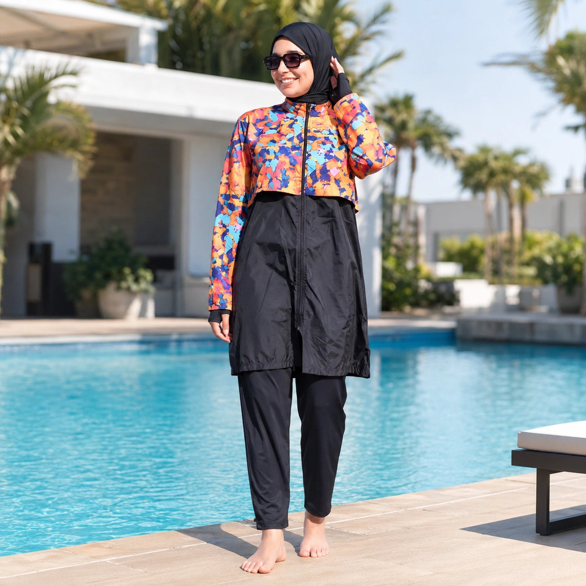 Burkini Solaya – Ensemble Noir & Imprimé Coloré - 3 pièces