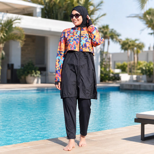 Burkini Solaya – Ensemble Noir & Imprimé Coloré - 3 pièces