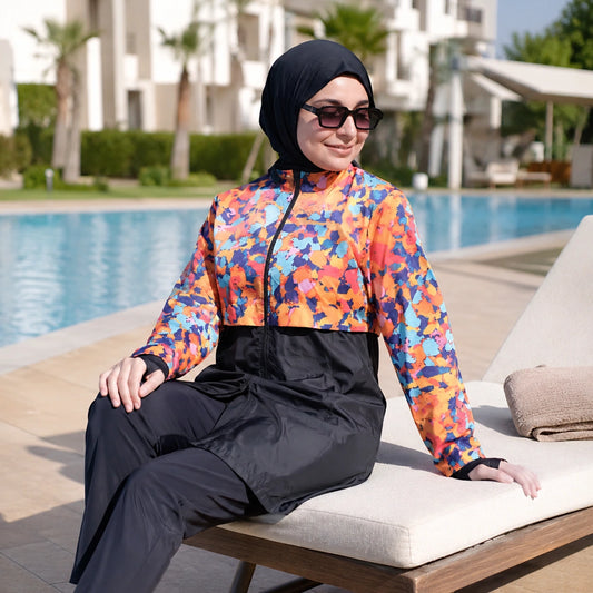 Burkini Solaya – Ensemble Noir & Imprimé Coloré - 3 pièces