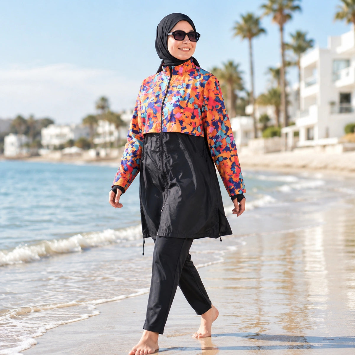 Burkini Solaya – Ensemble Noir & Imprimé Coloré - 3 pièces