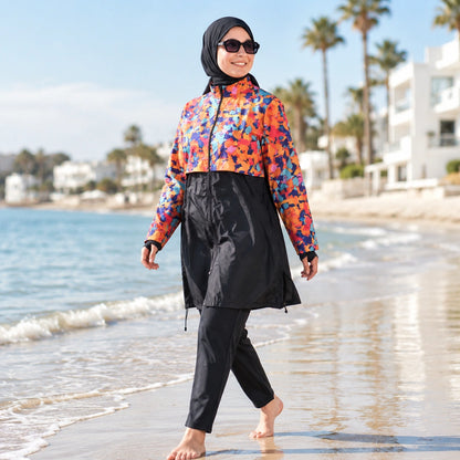 Burkini Solaya – Ensemble Noir & Imprimé Coloré - 3 pièces