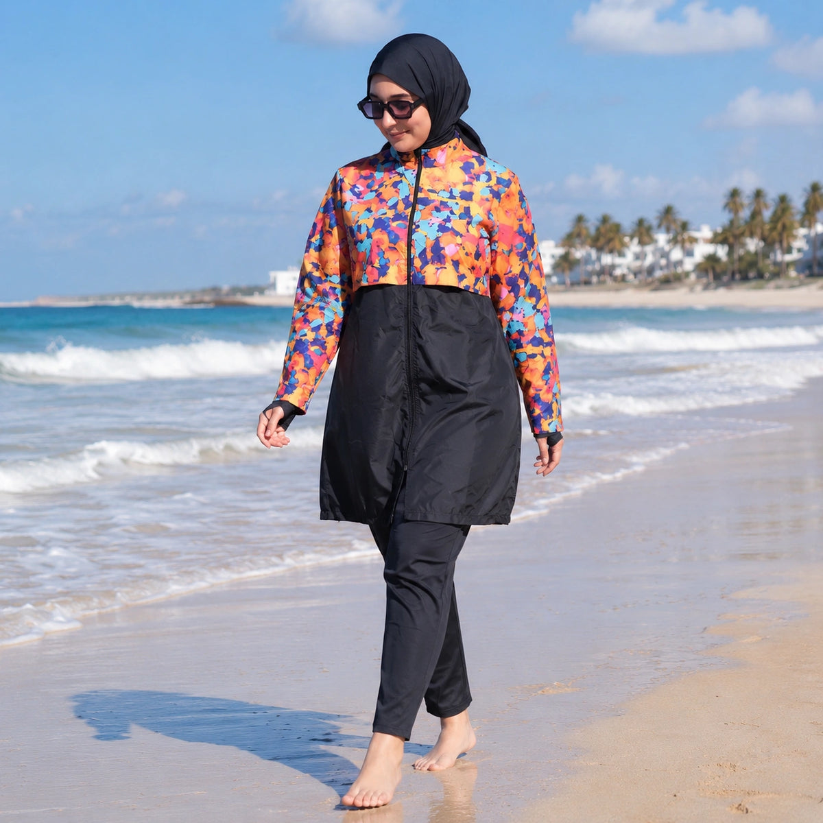 Burkini Solaya – Ensemble Noir & Imprimé Coloré - 3 pièces